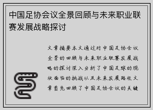 中国足协会议全景回顾与未来职业联赛发展战略探讨