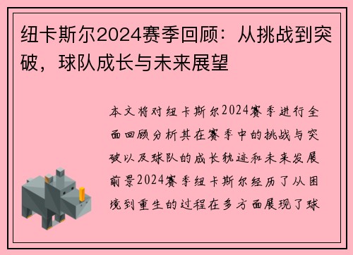 纽卡斯尔2024赛季回顾：从挑战到突破，球队成长与未来展望
